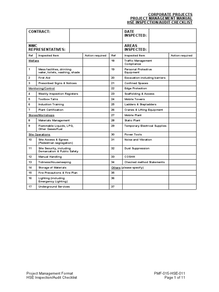 HSE Inspection Audit Checklist | PDF | Audit | Safety
