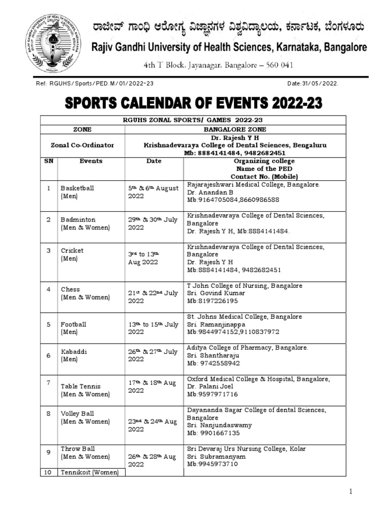 Sports Calendar of Events 202223 PDF Bangalore Summer Sports