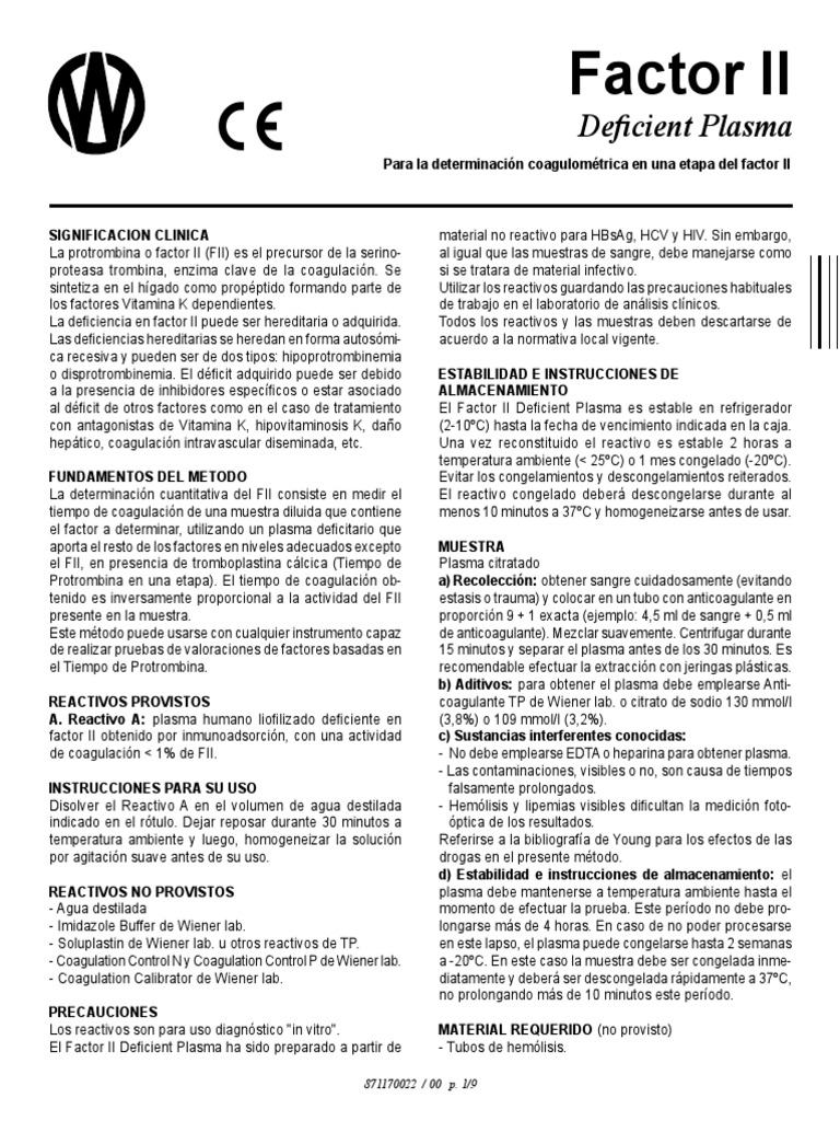 Factor II Deficient Plasma SP | PDF | Sangre | Tejido (biología)