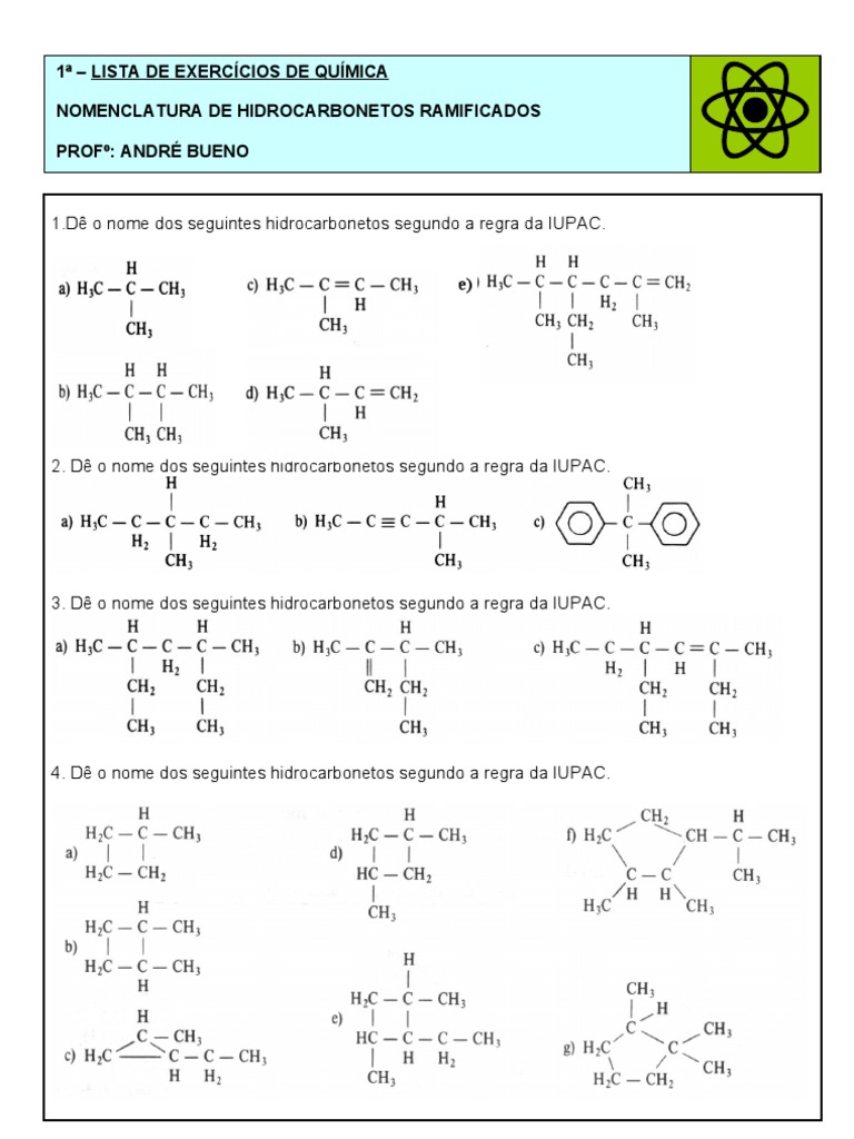 1ª – Lista De Exercícios De Química Nomenclatura De Hidrocarbonetos ...