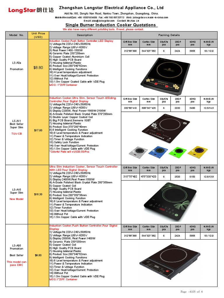 Single Burner Induction Cooker Quotations-Alan Liu (LONGSTAR) | PDF ...