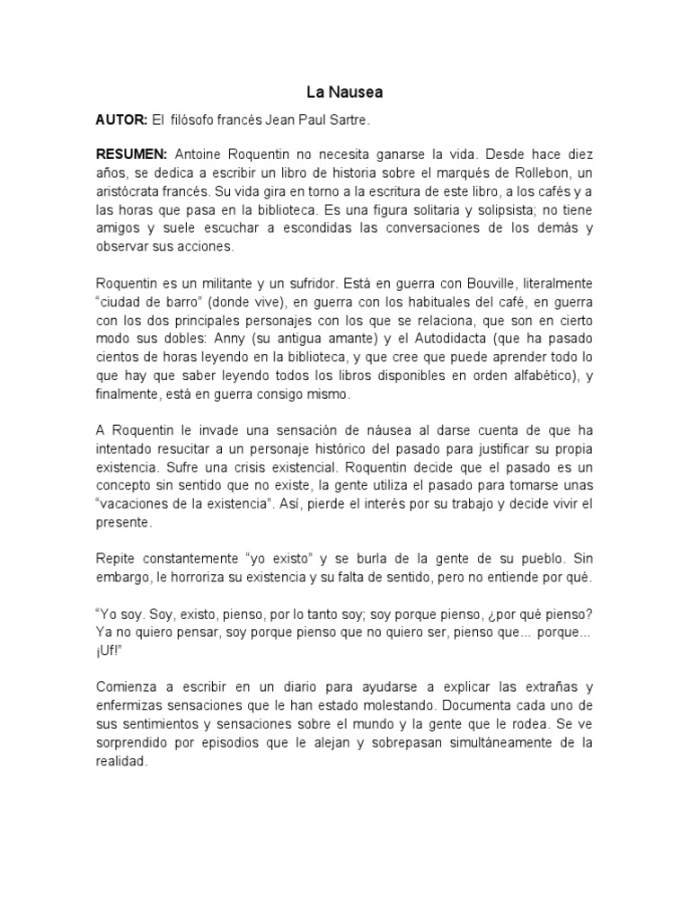 Resumen de La Obra La Nausea, PDF, Narrativa