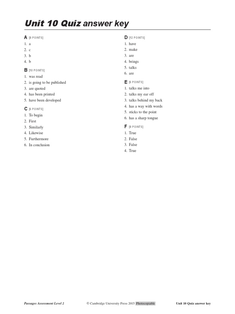 Passages 1 Unit 10 Quiz Answer Key | PDF