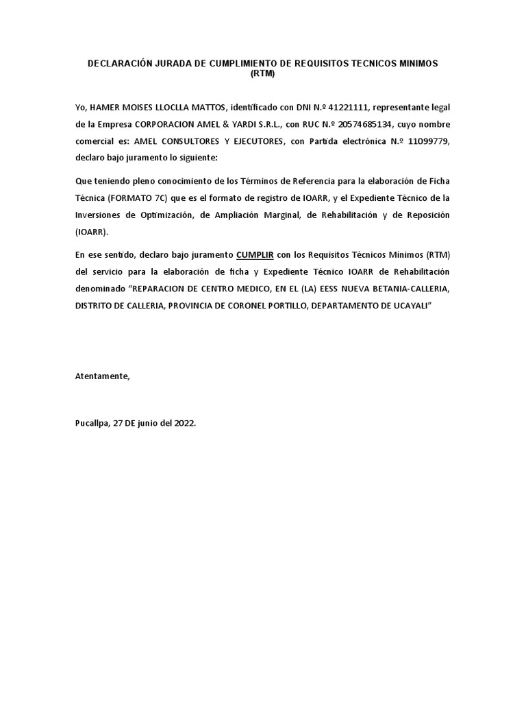 Declaracion Jurada de Cumplimiento de Requisitos Tecnicos Minimos | PDF