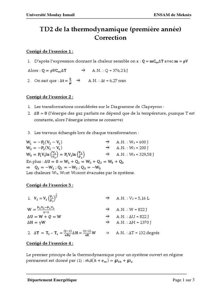 Correction TD2 Thermodynamique ENSAM | PDF | Physique théorique ...