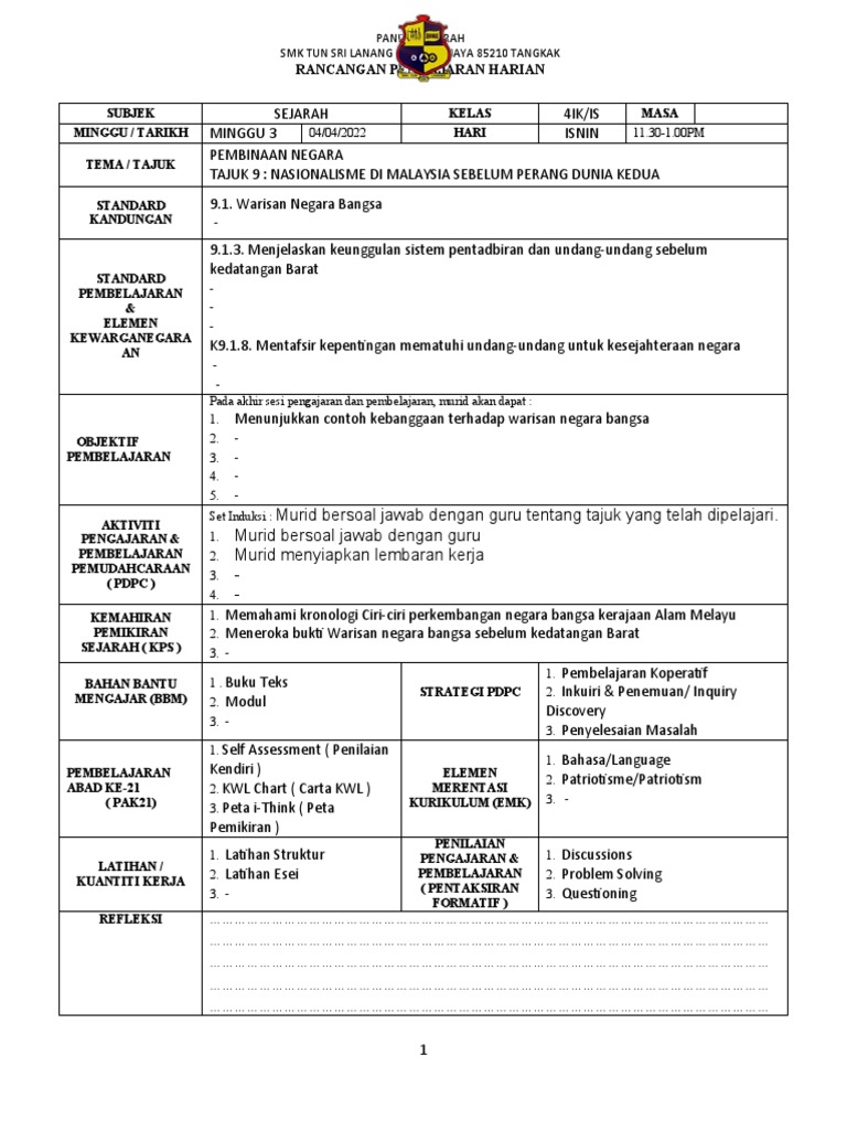 RPH Tingkatan 4 KSSM 2021 | PDF