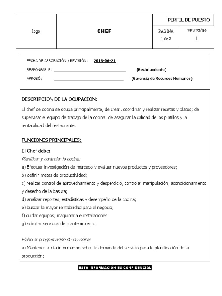 Perfil de Puesto Chef | PDF | Artes culinarias | Alimentos