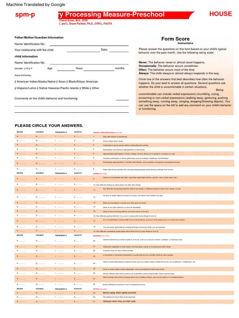 SPM-P Preschool Sensory Assessment | PDF | Race And Ethnicity In The ...