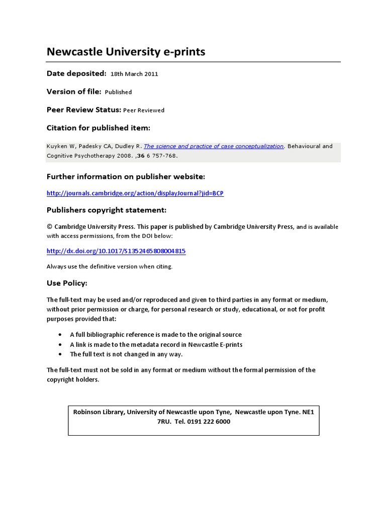 Case Formulation | PDF | Psychotherapy | Cognitive Behavioral Therapy