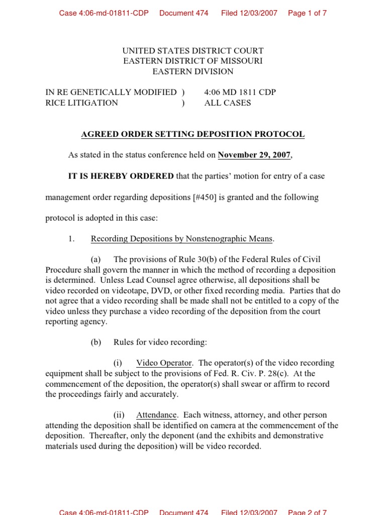 Bayer Rice - Agreed Order Setting Deposition Protocol (D.I. 474 ...