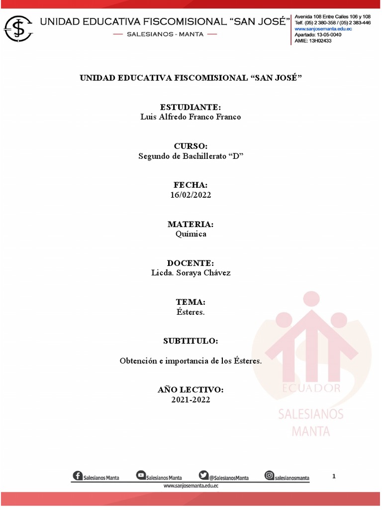 Obtención e importancia de los ésteres en la vida cotidiana PDF Ester Alcohol