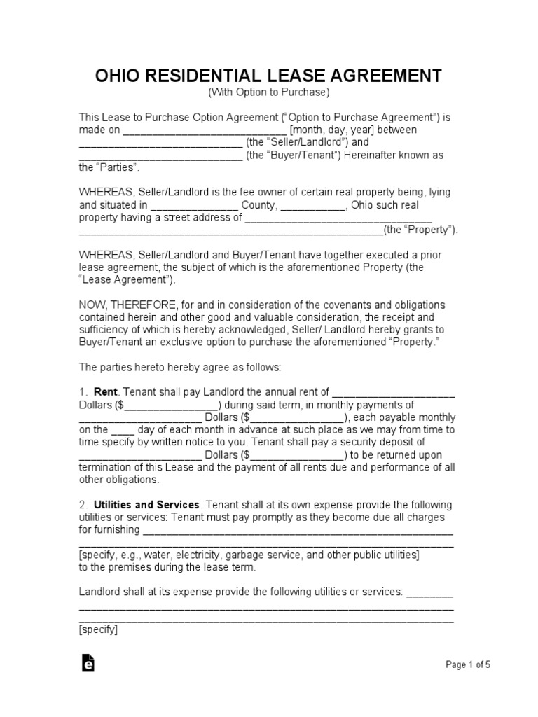 Ohio Residential Lease with Purchase Option | PDF | Lease | Leasehold ...