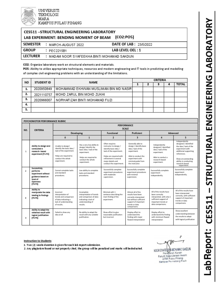 Cover Lab Report Bending Moment PDF Experiment Engineering