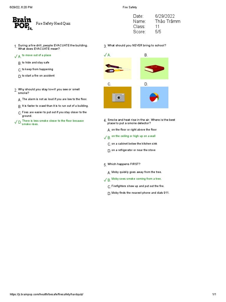 Fire Safety Hard Quiz BrainPOP JR PDF Hazards Fires
