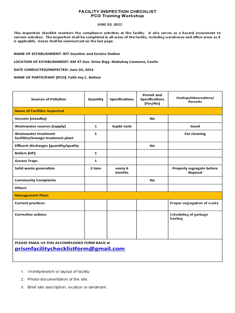 Facility Inspection Checklist Overview | PDF | Sewage Treatment ...