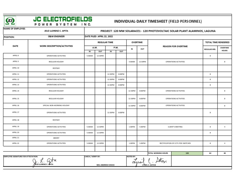 Daily Timesheet for O&M Engineer | PDF | Forms Of Energy | Electrical ...