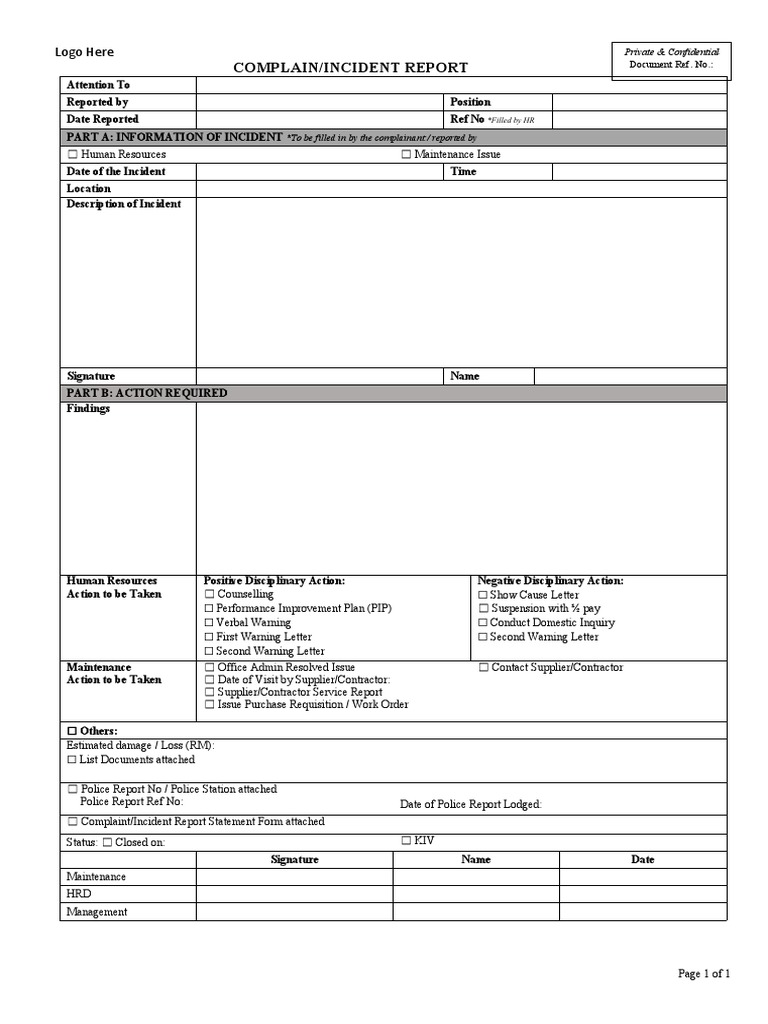 Complaint and Incident Report Template | PDF
