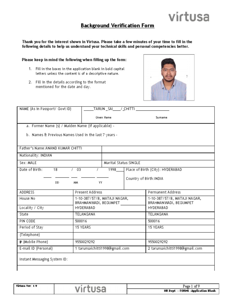 Virtusa Background Verification Form | PDF | Employment | Government