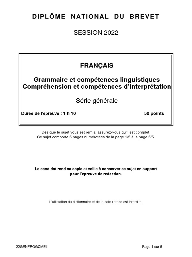 Sujet Brevet Sciences 2022 Pdf Corrigé Brevet 2022 Série Générale Grammaire Et Compréhension | PDF | Fable |  Linguistique