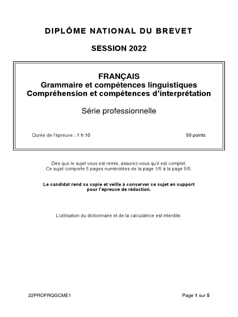 Correction Brevet Francais 2023 Pro Brevet 2022 Série Professionnelle Français Grammaire Et Compréhension | PDF  | Linguistique