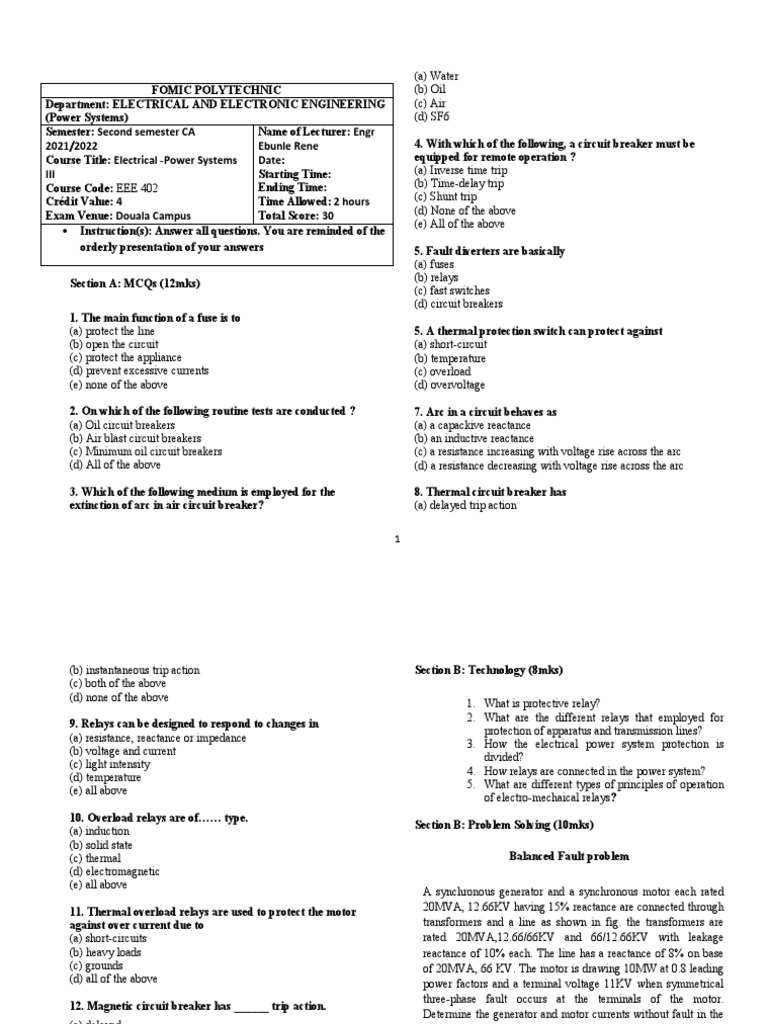 Electrical Power Systems Exam | PDF | Relay | Transformer