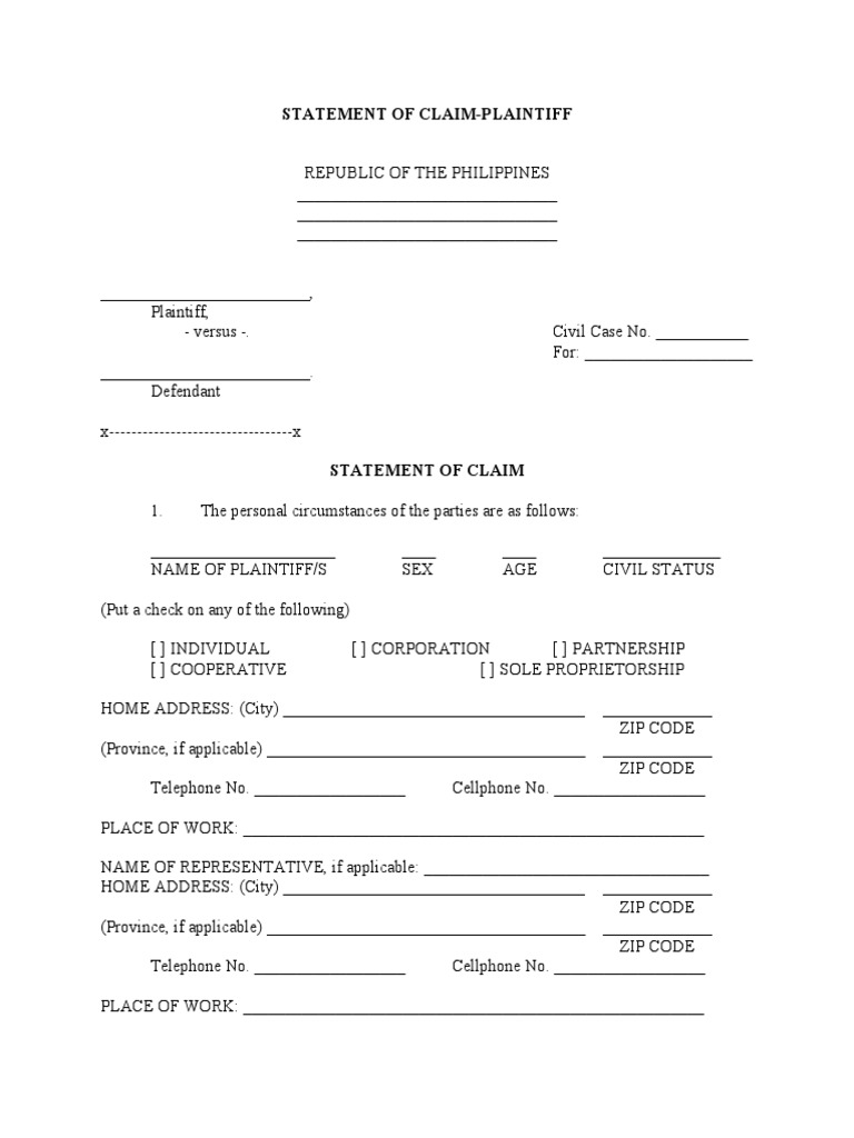 Plaintiff's Statement of Claim Template | PDF | Business Law | Private Law