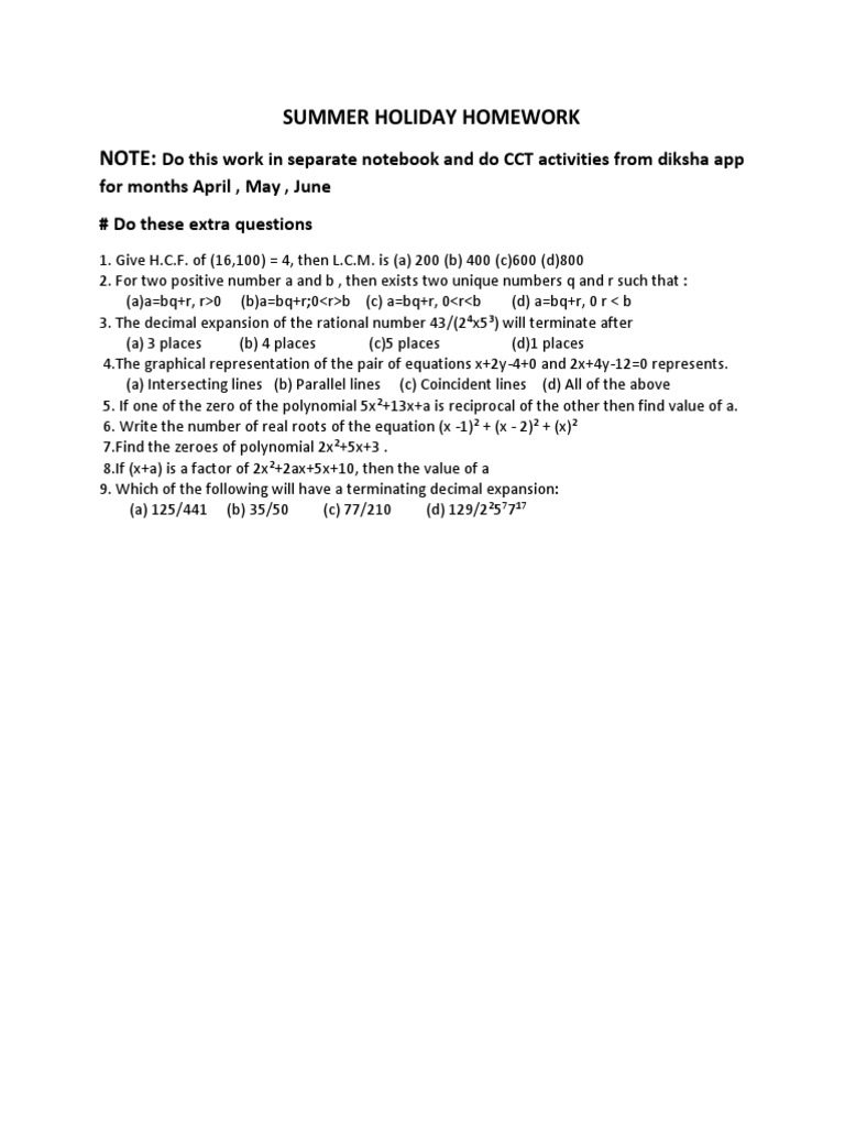 Class 10 Summer Maths Homework | PDF | Polynomial | Numbers