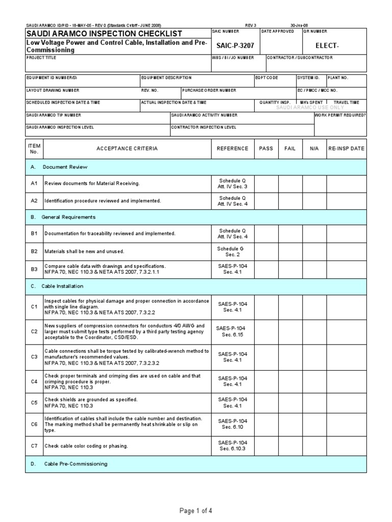 Saudi Aramco Inspection Checklist | PDF | Electrical Equipment ...
