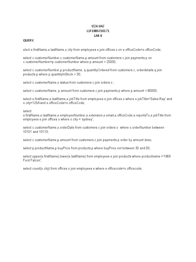 Izza Ijaz L1F18BSCS0171 Lab 6 Query | PDF