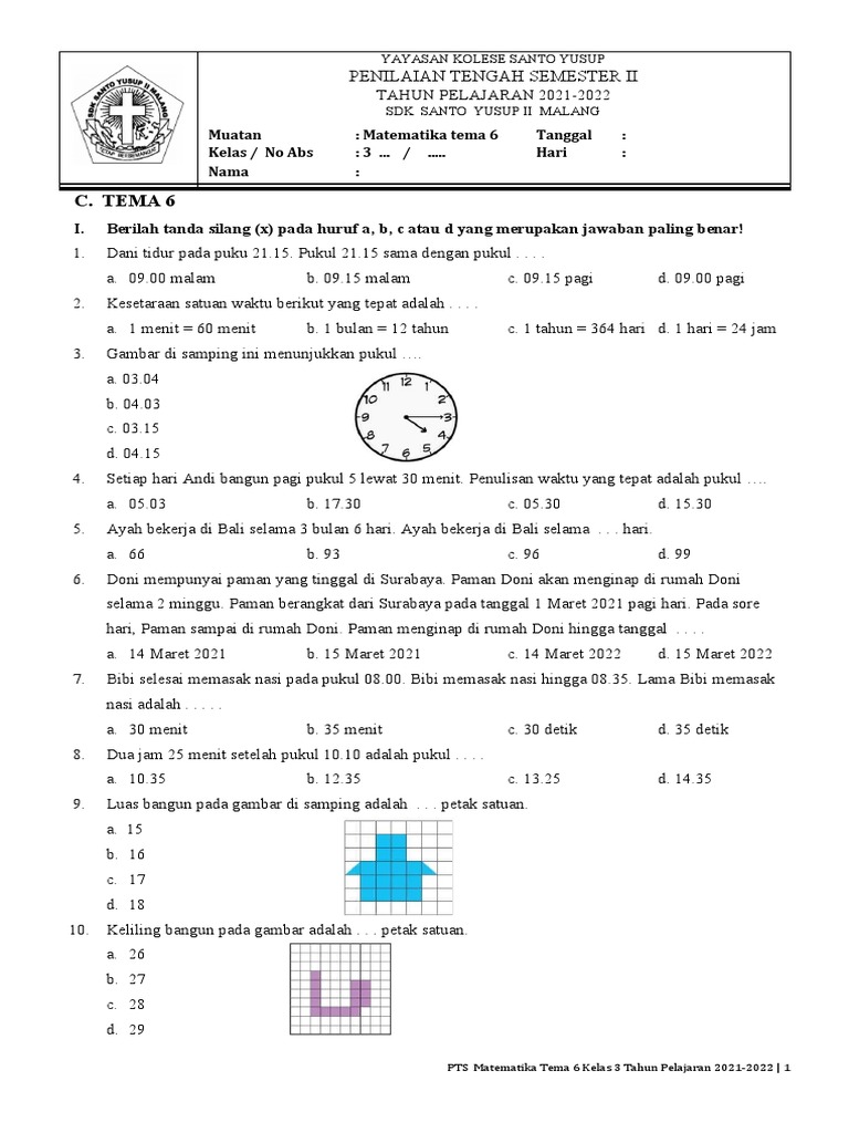 PTS Matematika Kelas 3 Tema 6 2021-2022 | PDF | Metode & Bahan Ajar ...
