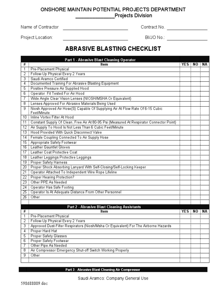 Abrasive Blasting Safety Checklist | PDF | Personal Protective ...