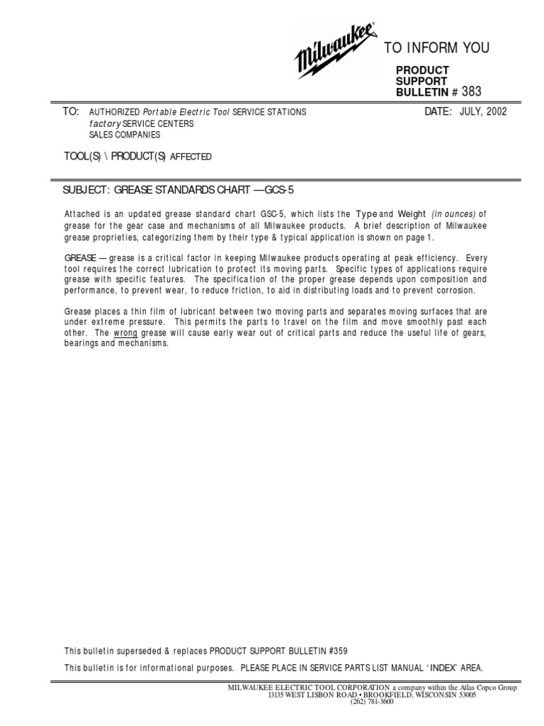 TIY383 Milwaukee Grease Manual PDF Lubricant Bearing (Mechanical)