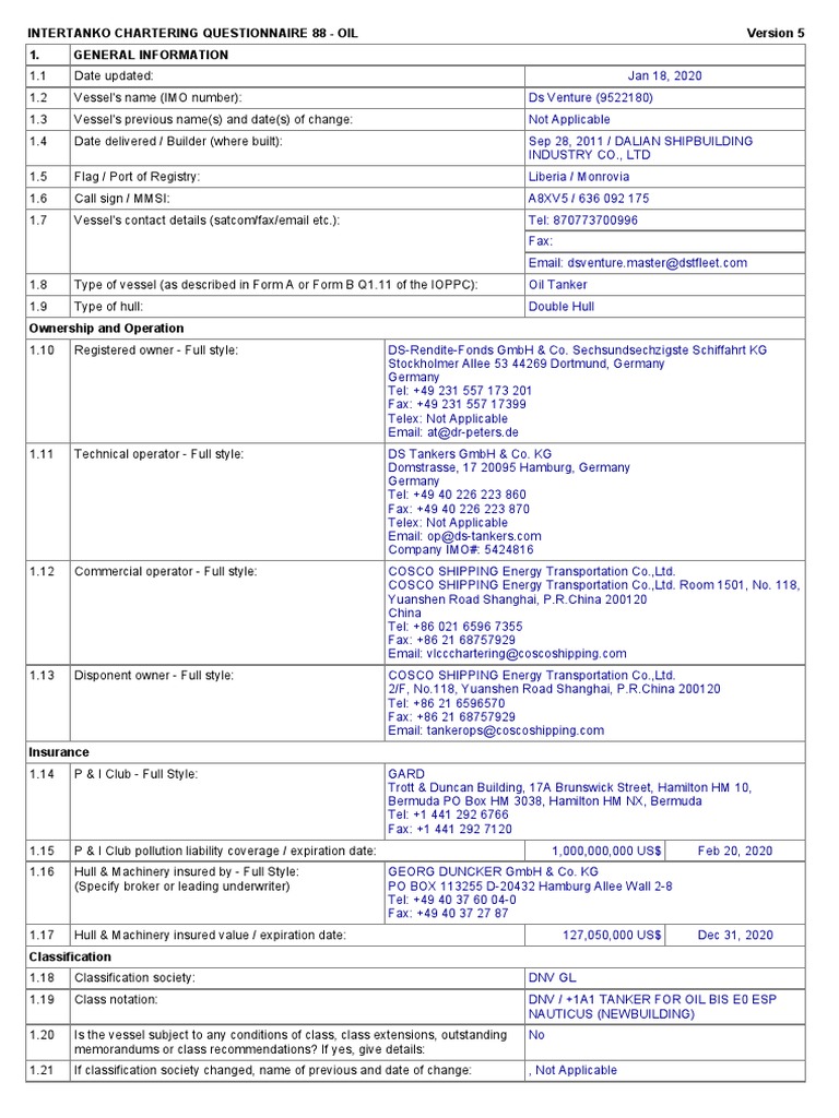 INTERCARGO Oil Tanker Questionnaire 88 | PDF | Tonnage | Ships