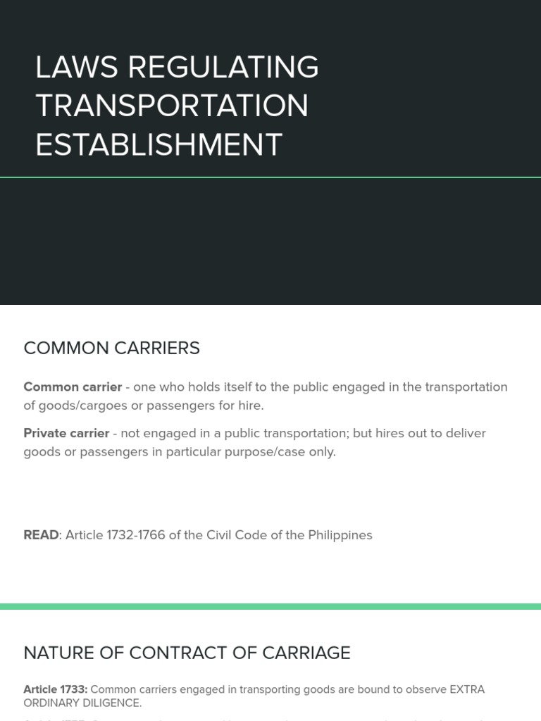 Laws Regulating Transportation Establishment PDF Common Carrier