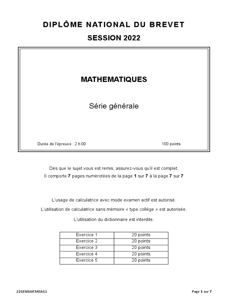 Brevet Amerique Du Nord 2022 Maths Correction Sujet Brevet Maths - Série Générale 2022 | PDF | Géométrie euclidienne |  Mathématiques