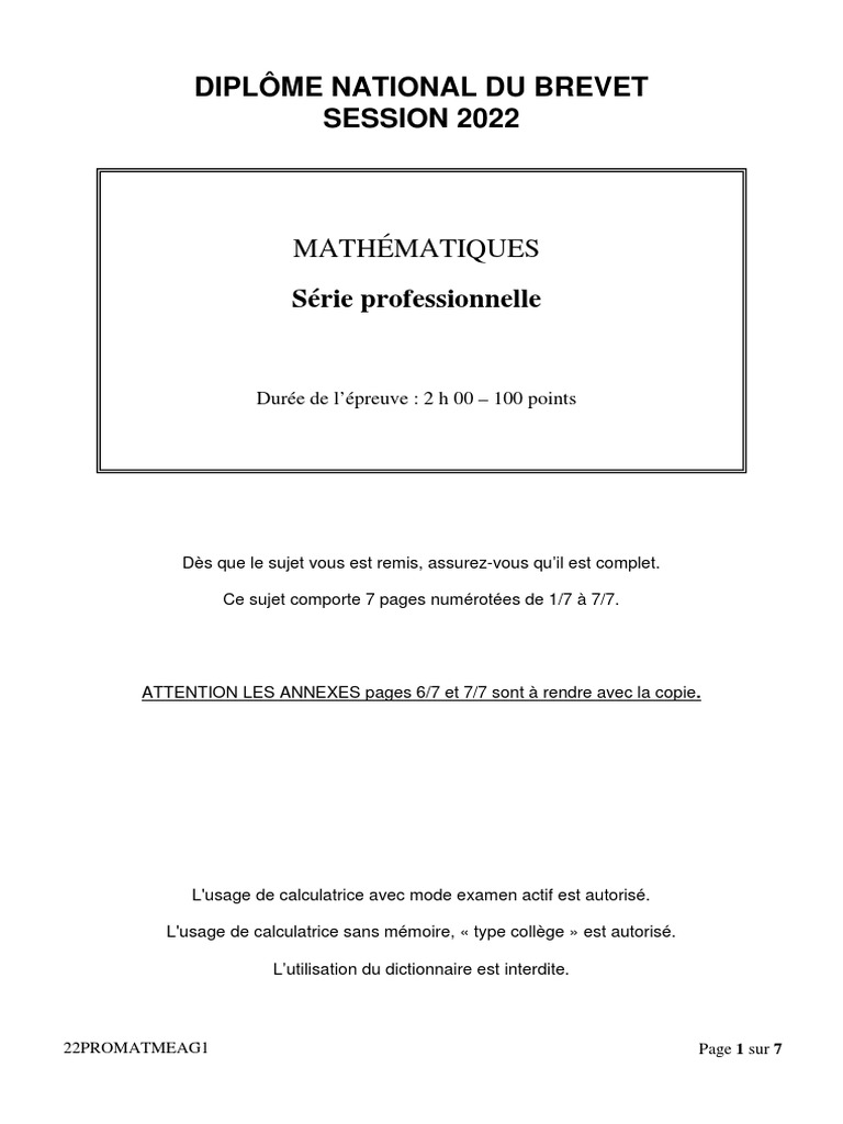 Sujet De Brevet Maths Avec Corrigé Pdf 2023 Sujet Brevet Maths - Série Professionnelle 2022 | PDF