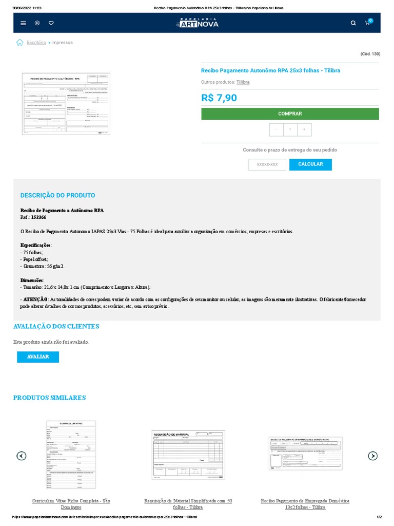 Recibo Pagamento Autonômo RPA 25x3 Folhas - Tilibra Na Papelaria Art ...