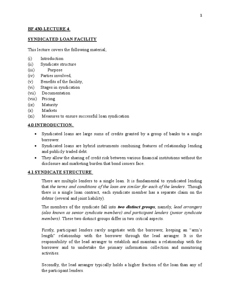 Lecture 4 - Syndicated Loans | PDF | Syndicated Loan | Loans