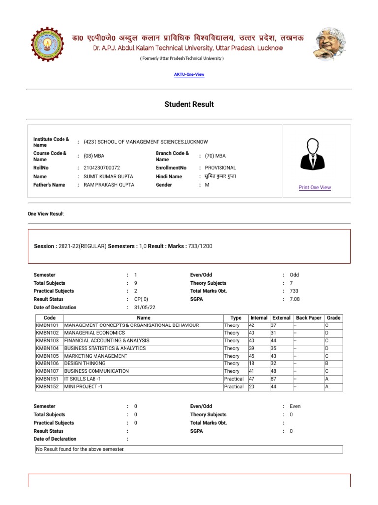 Student Result: Session: 2021-22 (REGULAR) Semesters: 1,0 Result: Marks:  733/1200 | PDF | Master Of Business Administration