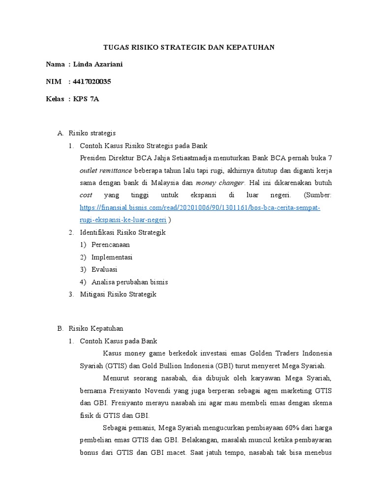 Risiko Strategis dan Kepatuhan Bank | PDF | Bisnis | Hukum