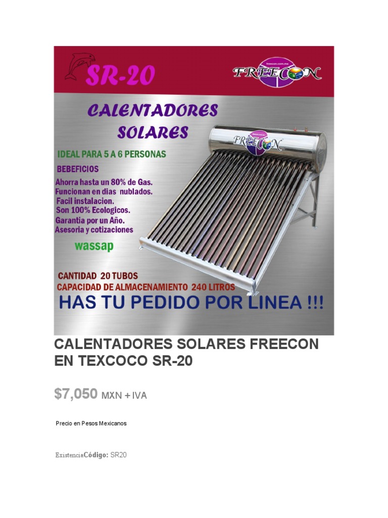 Calentador Solar Freecon SR-20 en Texcoco | PDF