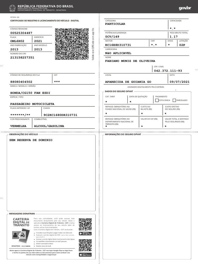 Documento Da Moto 2021 | Download grátis PDF | Transporte | Veículos