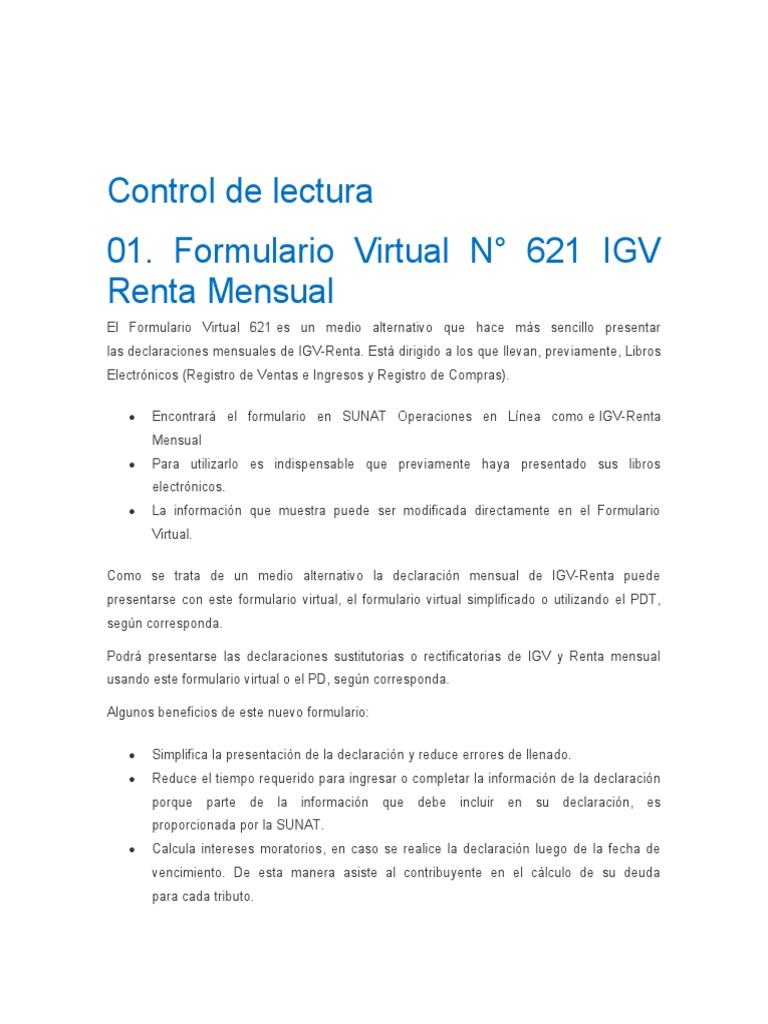 Control de Lectura PDT 621 Virtual | PDF