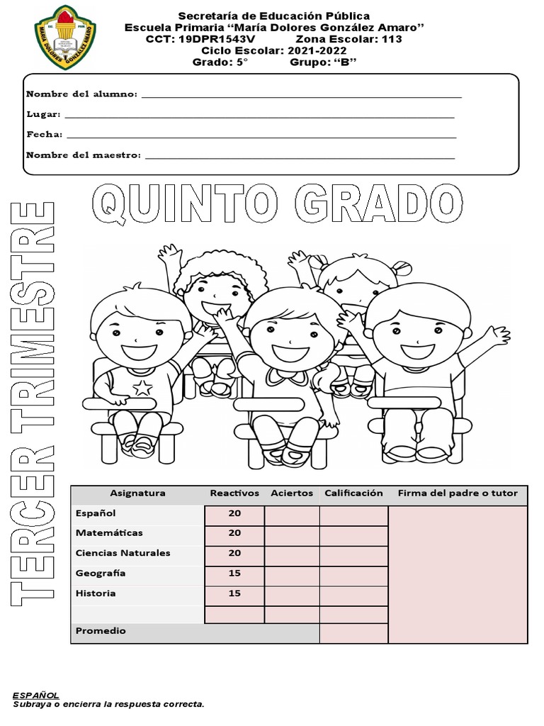 Examen Quinto Grado Tercer Trimestre PDF México Dom