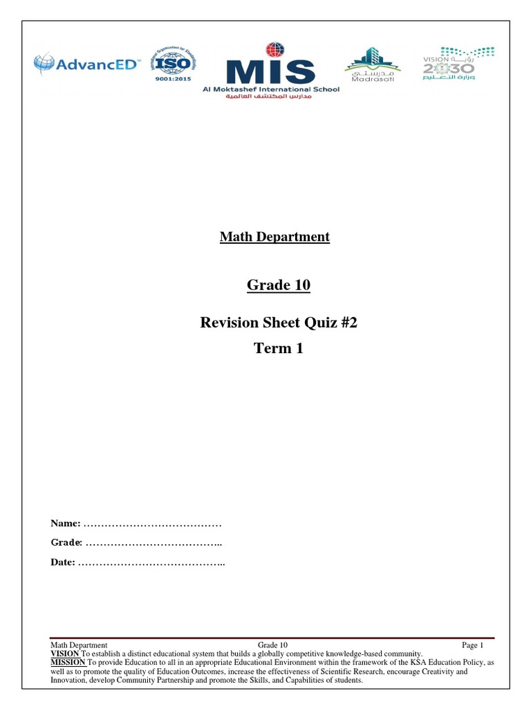Grade10-Math-Revision Sheet Quiz#2-Term1 PDF | PDF | Quadratic Equation ...