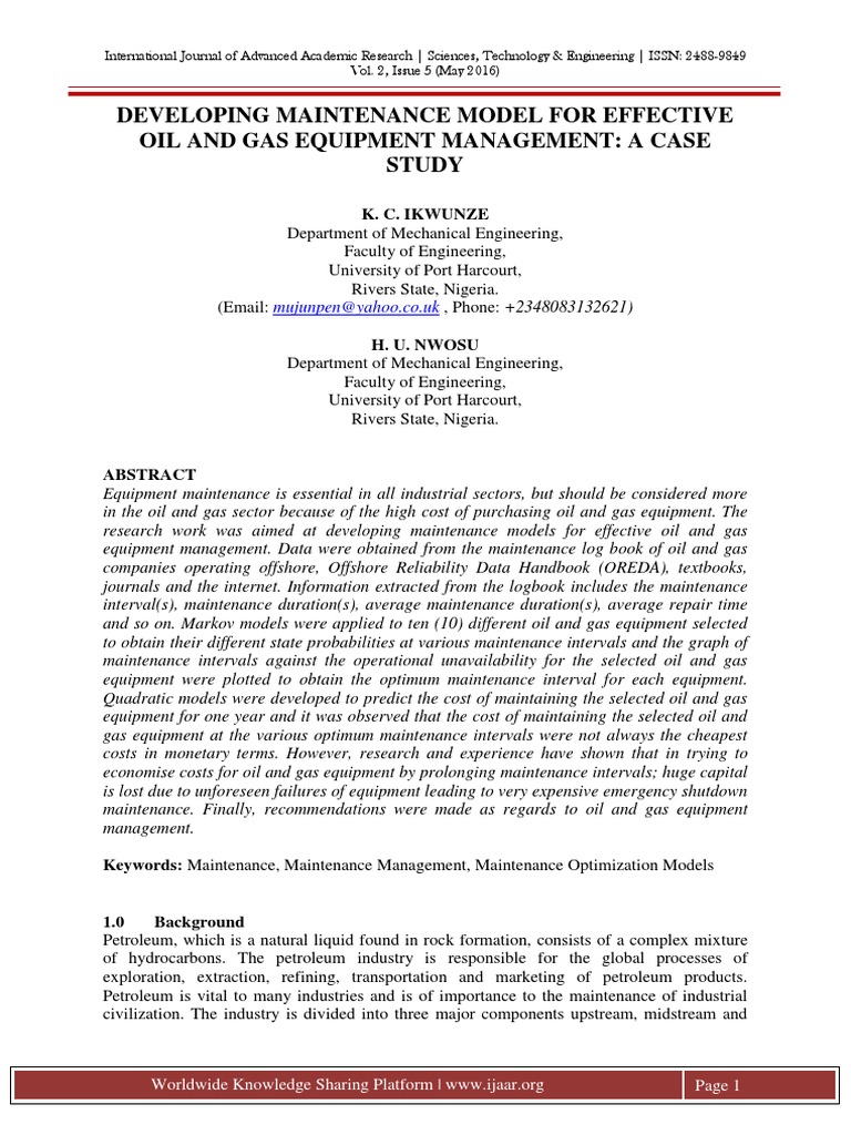 Developing Maintenance Model For Effective Oil and Gas Equipment ...