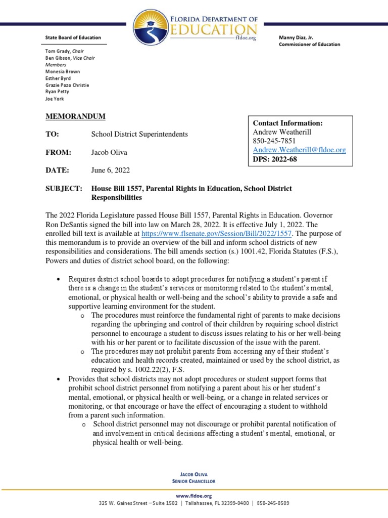 MEMORANDUM House Bill 1557 Parental Rights in Education School