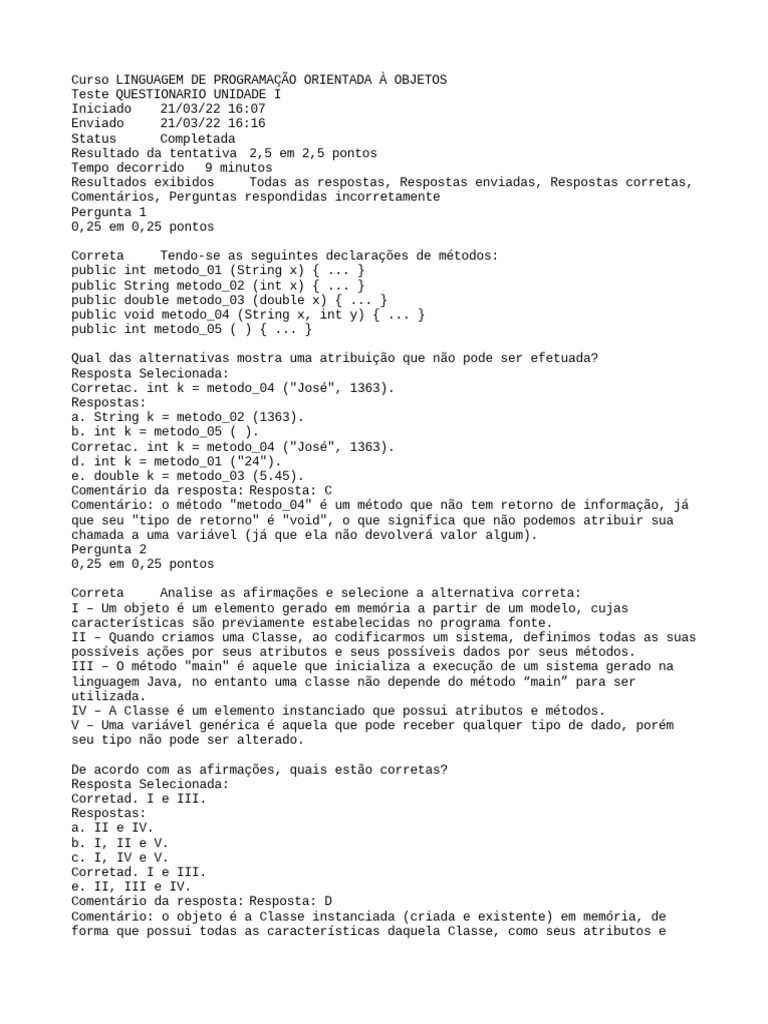 Questionário de Programação Orientada a Objetos | PDF | Classe ...