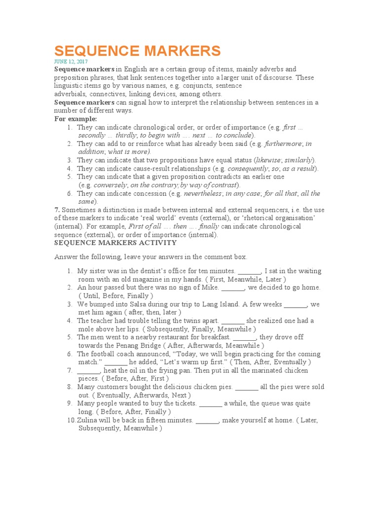 Sequence Markers: Secondly Thirdly To Begin With . Next To Conclude ...