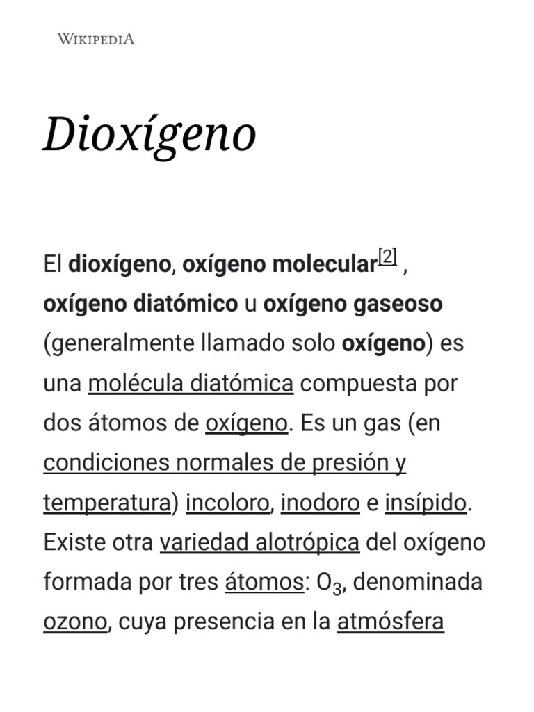 Dioxígeno Wikipedia, la enciclopedia libre PDF Oxígeno Ciencias